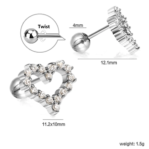 Silver stainless steel heart stud earring with clear crystals and twist ball back