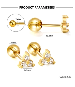 Detailed view of gold screw ball back earrings with dimensions and clear zircon studs