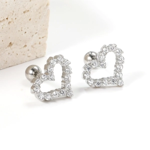 Detail of heart stud earrings with cubic zirconia pavé and secure screw back design