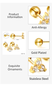 Detailed view of gold plated stainless steel flower stud earring with cubic zirconia and dimensions