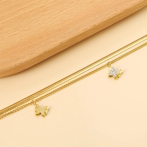 Double layered butterfly anklet with gold snake chain and crystal pendant in summer style