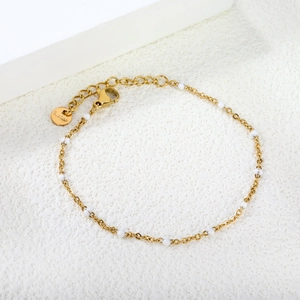 Minimalist gold stainless steel chain bracelet with white colorful enamel beads for women