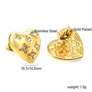 Boucles d'oreilles cœur en acier inoxydable plaqué or 18 carats et cristaux