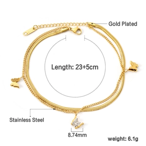 Double-layered 18k gold plated stainless steel butterfly anklet with sparkling zircon stones