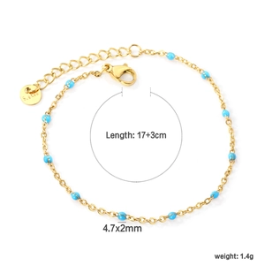 Gold stainless steel chain bracelet with bright blue beads and adjustable lobster clasp
