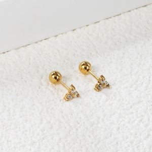 Golden stainless steel triangle stud earrings with white zircons and screw ball backs