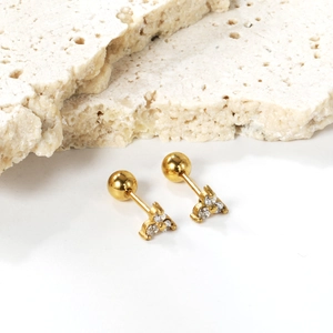 Triangle geometric stud earrings with white zircons in gold stainless steel finish