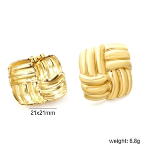Golden geometric square woven knot earrings in polished stainless steel 21x21mm