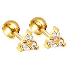 Golden clover stud earrings with white zircons and secure screw ball back closure