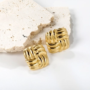 Retro geometric square woven earrings in gold stainless steel with a high-end metal texture