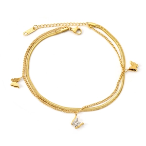 Layered 18k gold plated stainless steel anklet with butterfly charms and zirconia stones