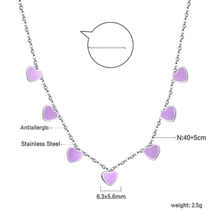 Detail of stainless steel heart necklace with purple enamel charms and dimensions