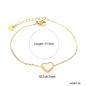 Gold stainless steel heart bracelet with white shell inlay and beaded edge detail