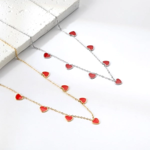Chic gold and silver stainless steel necklaces with red enamel heart pendants