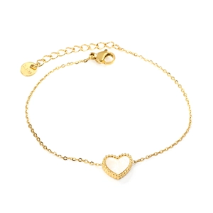 Bracelet en acier inoxydable doré avec pendentif cœur en nacre blanche et perles