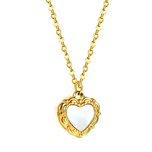 Elegant 18K gold-plated heart necklace with white mother of pearl inlay on white backdrop