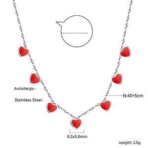 Hypoallergenic stainless steel necklace with seven red heart pendants and silver chain