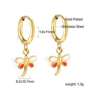 Gold-plated stainless steel dragonfly hoop earrings with red and white enamel detailing