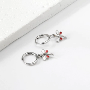 Polished silver dragonfly hoop earrings with red and white enamel wings for women