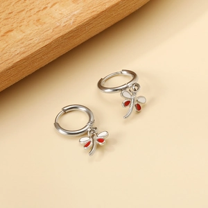 Stainless Steel Dragonfly Hoop Earrings For Women Sweet Small Dainty Red White Enamel Charm Jewelry