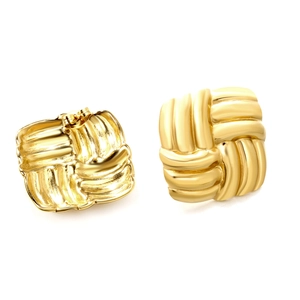 Minimalist gold woven square stud earrings with retro geometric rope knot texture