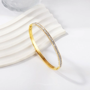 Luxury Gold Plated Stainless Steel Bangle Bracelet For Women With Double Row Rhinestones Shiny Geometric Jewelry