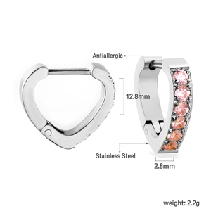 Detailed view of silver heart earrings with pink zircon inlays and dimensions