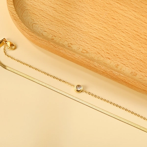 Double Layer Stainless Steel Bracelet Gold Plated Flat Snake Bone Chain Round Zirconia Women INS Minimalist Accessory