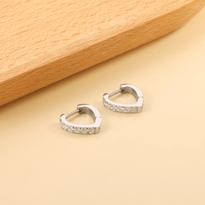 Elegant heart-shaped silver stainless steel huggie earrings with sparkling crystals