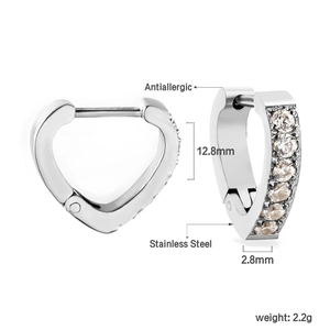 Detail view of heart-shaped stainless steel earrings with cubic zirconia and size dimensions