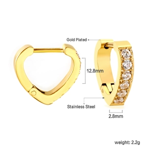 Detail view of 12.8mm gold-plated heart hoop earrings with clear zircons and dimensions