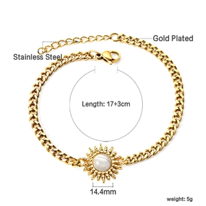18K gold plated stainless steel curb chain bracelet with sunburst opal pendant