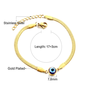 Gold plated stainless steel snake chain bracelet with blue evil eye opal stone charm