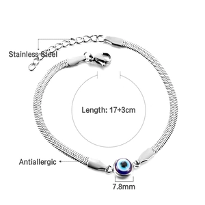 Silver stainless steel snake chain bracelet with blue evil eye charm and lobster clasp