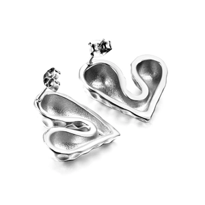 Minimalist silver heart stud earrings in polished stainless steel with 3D concave design