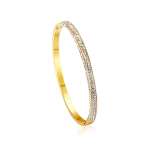 Luxury gold bangle for women featuring double rows of micro-pave crystals on stainless steel