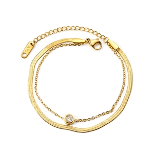 Elegant 18K gold plated double layer flat snake chain bracelet with white zircon