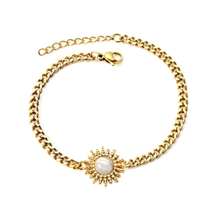 18K gold plated stainless steel sun pendant bracelet with white cat-eye stone on white background