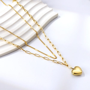Collier Pendentif Cœur Rond Acier Inoxydable Plaqué Or Fermoir Cabillot Multicouche Bijoux Vintage Pour Femme