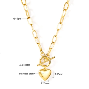 Detail of 18K gold plated stainless steel heart necklace with toggle clasp and dimensions