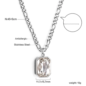 Detail view of rectangular crystal pendant on stainless steel chain with dimensions