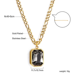Detailed specs of gold plated stainless steel necklace with grey crystal pendant