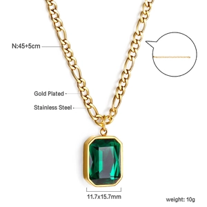Vintage emerald cut green pendant necklace in 18K gold plated stainless steel