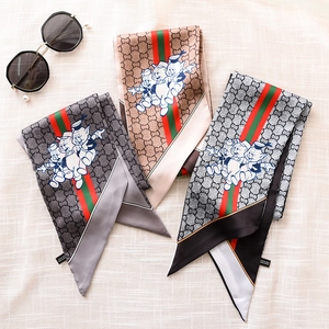 Elegant cartoon print skinny silk scarf with striped ribbon and classic logo pattern