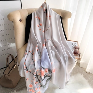 Elegant grey silk-feel scarf with cherry blossom floral print for spring and summer