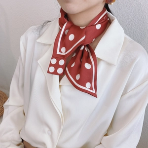Gros plan d'un foulard étroit en soie à pois rouges porté sur une chemise blanche