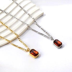 Rectangular Zircon Pendant Necklace Stainless Steel Figaro Chain Vintage Luxury Style Jewelry For Women
