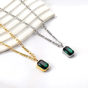 Retro rectangle emerald necklaces in gold and silver finish with Figaro chains for women