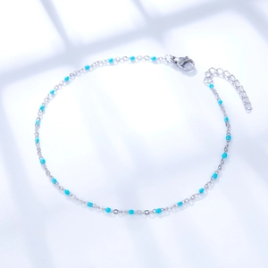 Silver stainless steel anklet with turquoise beads and adjustable lobster clasp closure