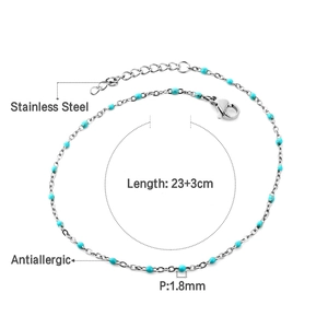 Adjustable stainless steel anklet with small turquoise beads for beach vacation jewelry